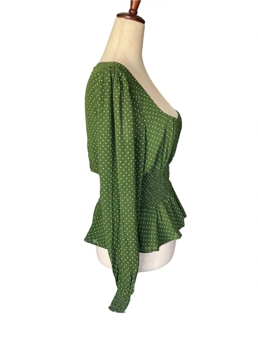 Reformation Hearth Long Sleeve Top Peat Green Polka Dot sz 8